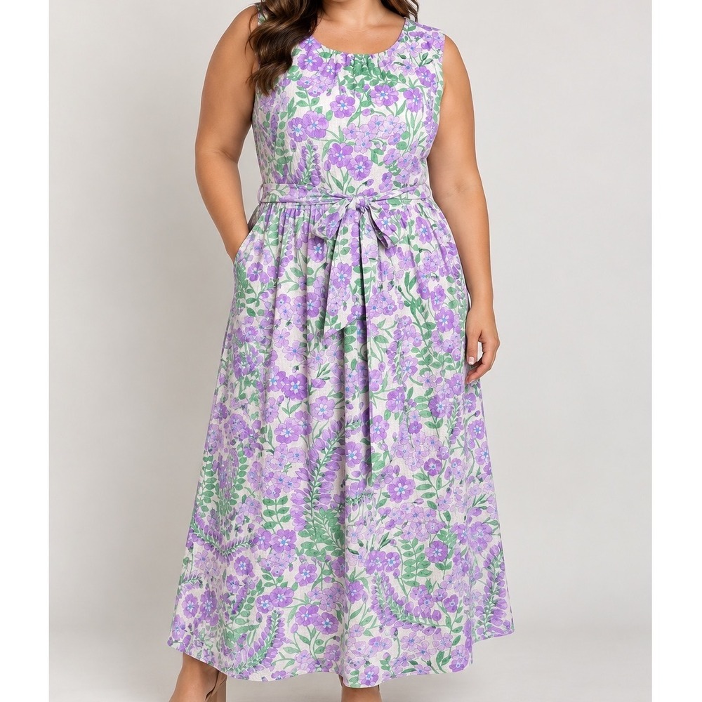 Talbots Floral Maxi Dress Womens 18 Purple Cottagecore Garden Party Belted